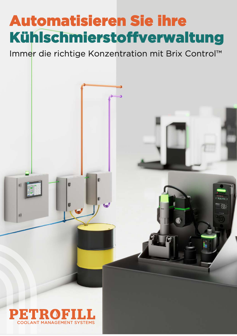 Ein Bild, das eine automatisierte Kühlschmierstoffverwaltung mit verschiedenen Maschinenkomponenten und Sensoren zeigt.