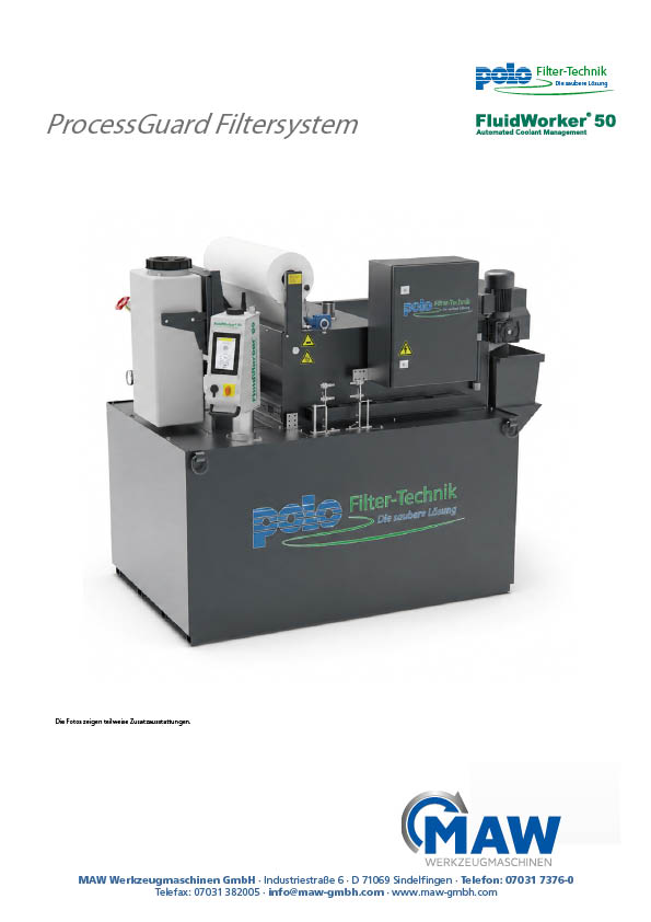 ProcessGuard Filtersystem mit FluidWorker 50 und verschiedenen Komponenten wie Filteranlage, Schaltkasten, Betriebspumpe, 30l Tank für KSS-Konzentrat, Füllstandssensoren und Reintank.