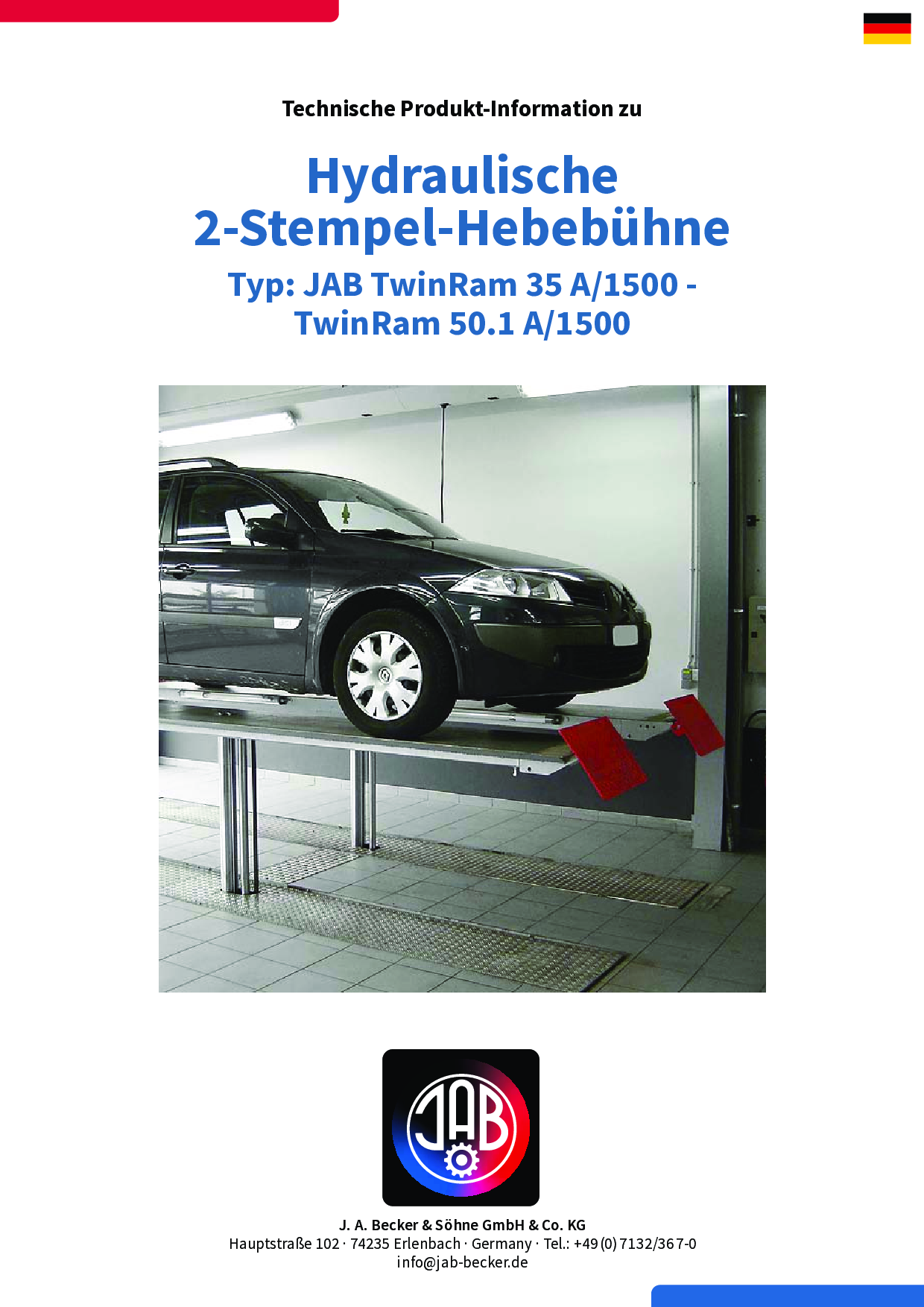 Eine hydraulische 2-Stempel-Hebebühne mit einem darauf abgestellten schwarzen Auto, umgeben von Sicherheitsmarkierungen.