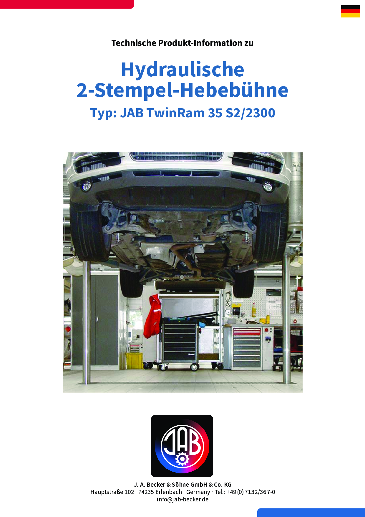 Ein Auto, das auf einer hydraulischen 2-Stempel-Hebebühne in einer Werkstatt angehoben wurde, mit Werkzeugen und Ausrüstung im Hintergrund.