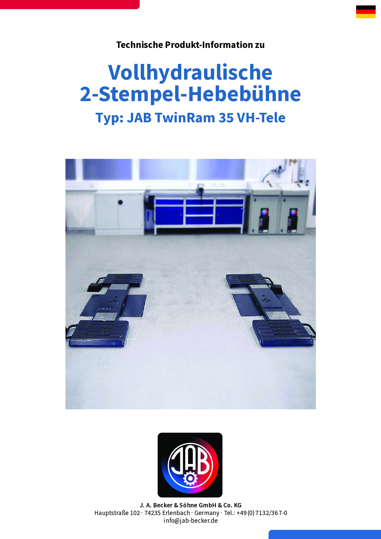 Vorschaubild der ersten Seite des PDFs mit der Überschrift 'Technische Produkt-Information zu Vollhydraulische 2-Stempel-Hebebühne Typ: JAB TwinRam 35 VH-Tele' und einem Bild von zwei Hebebühnenstempeln.