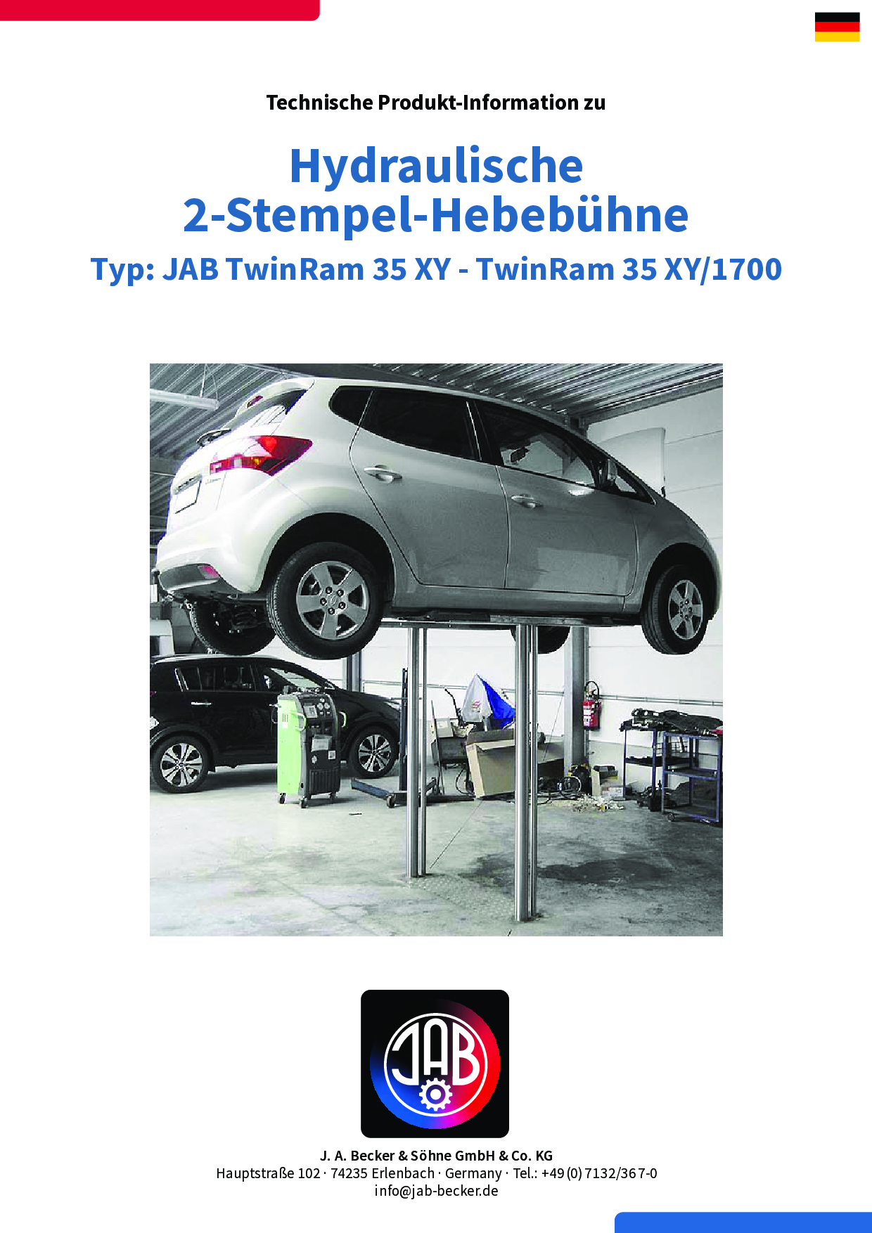 Hydraulische 2-Stempel-Hebebühne mit einem Auto in einer Werkstatt, die die Hebebühne in Aktion zeigt.