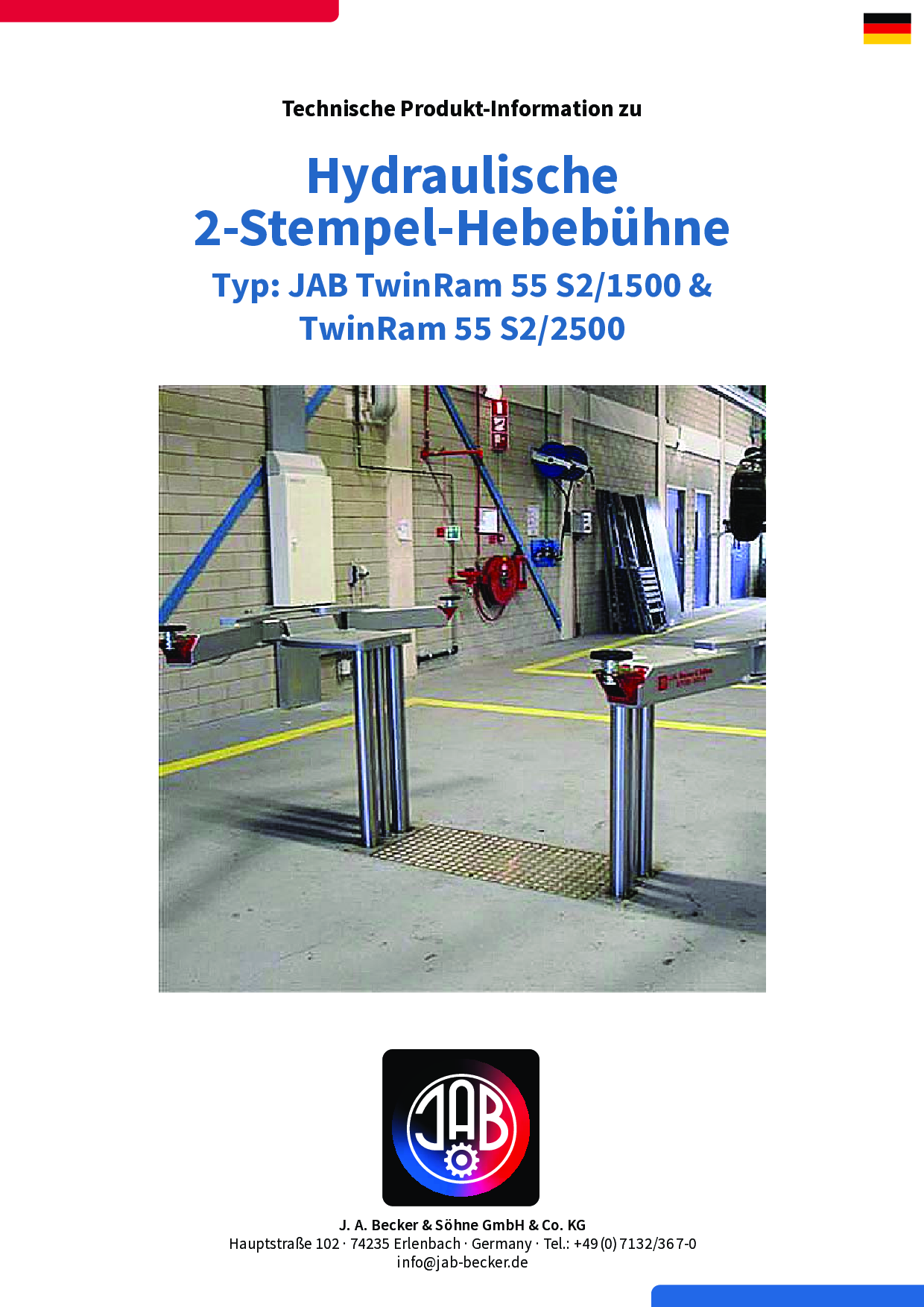 Erste Seite des PDFs mit der Überschrift 'Technische Produkt-Information zu Hydraulische 2-Stempel-Hebebühne' und einem Bild einer Hebebühne in einer Werkstatt.