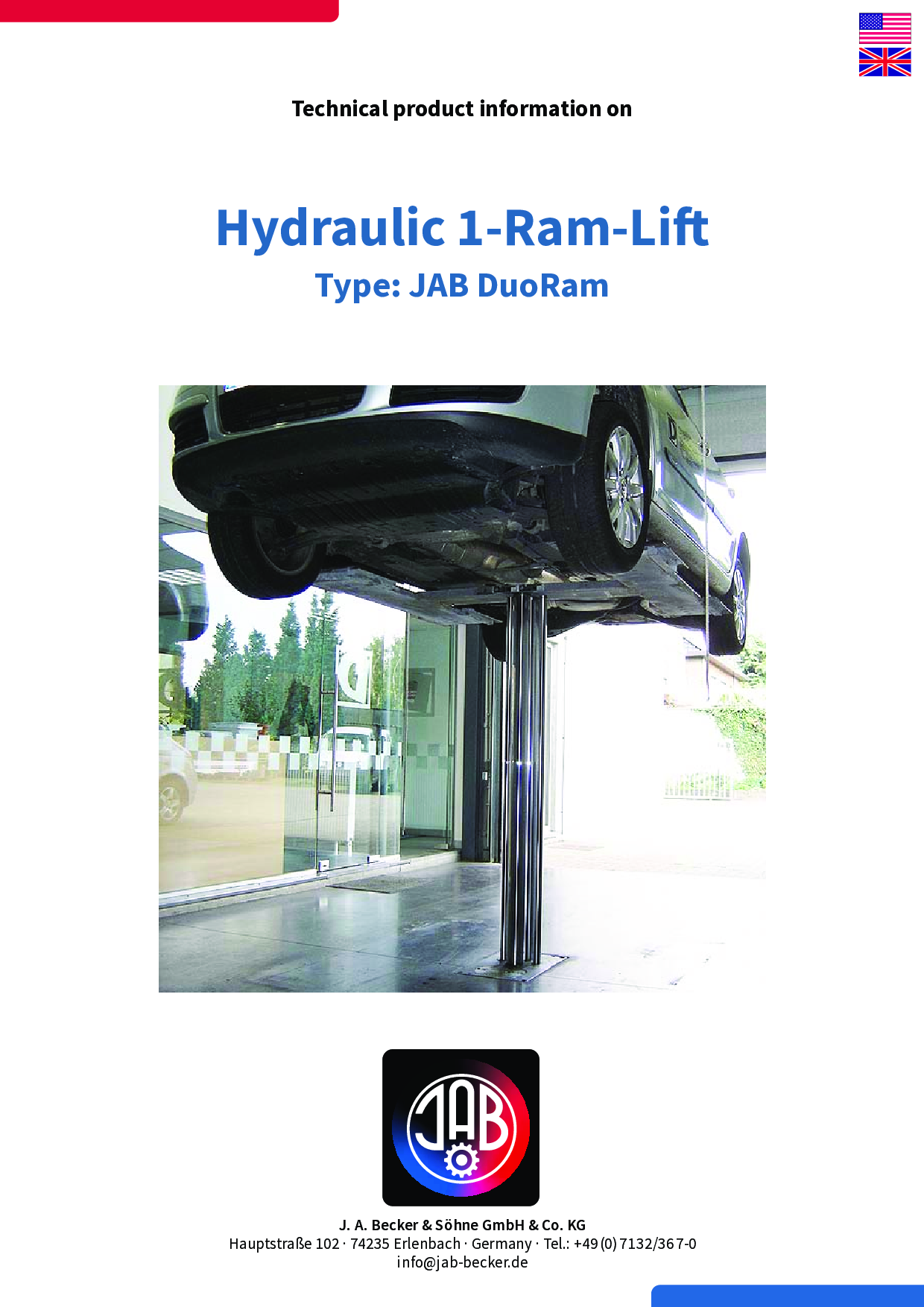 A car being lifted using a hydraulic lifting system, with the company logo of J.A. Becker & Söhne GmbH & Co. KG at the bottom.