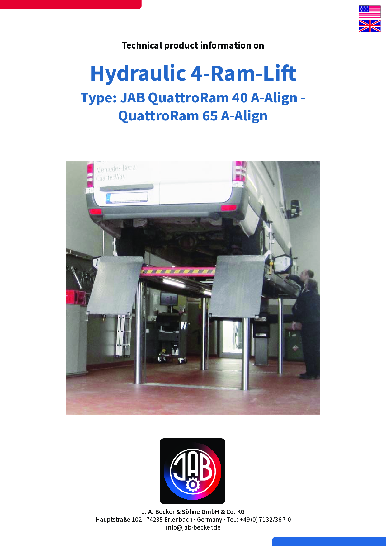 Vorderseite eines PDFs mit technischer Produktinformation zum Hydraulic 4-Ram-Lift, zeigt einen Lift unter einem Fahrzeug und die Überschrift 'Technical product information on Hydraulic 4-Ram-Lift'