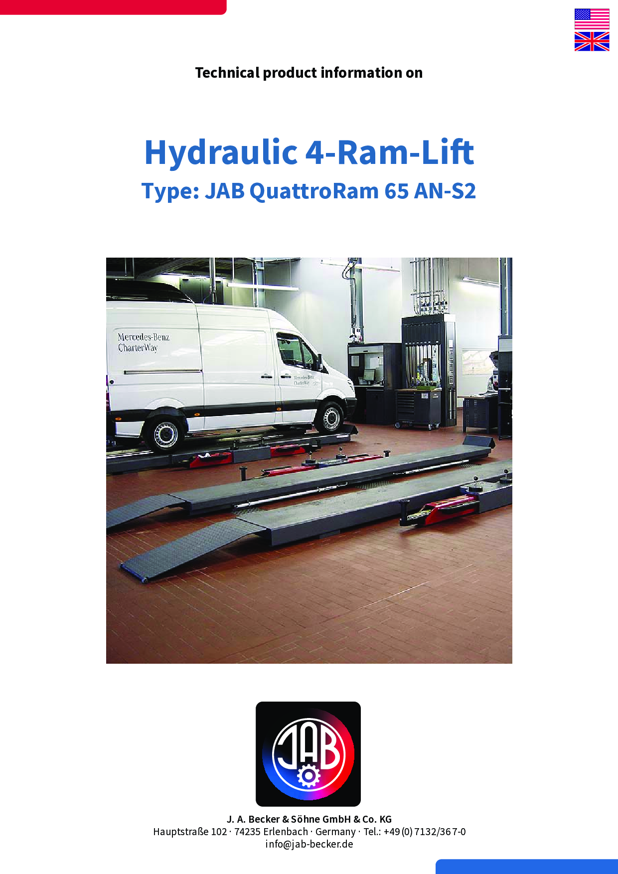 Technische Produktinformation über den hydraulischen 4-Ram-Lift mit einem white Mercedes-Benz CharterWay Lieferwagen, der auf einem Hydraulischen 4-Ram-Lift steht.