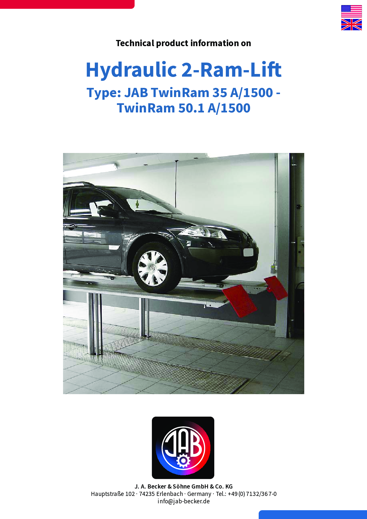 Ein schwarzes Auto auf einer hydraulischen 2-Ram-Hebebühne in einer Werkstatt.