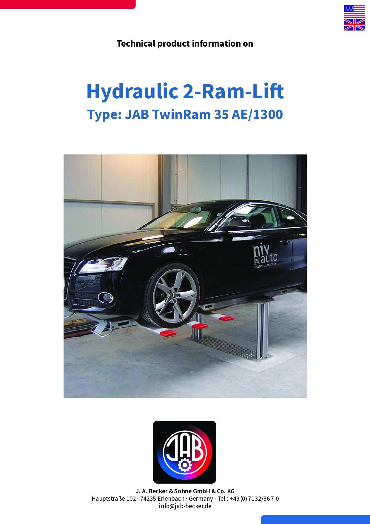 Produktbild eines hydraulischen 2-Ram-Lifts, der ein Auto anhoben hat.