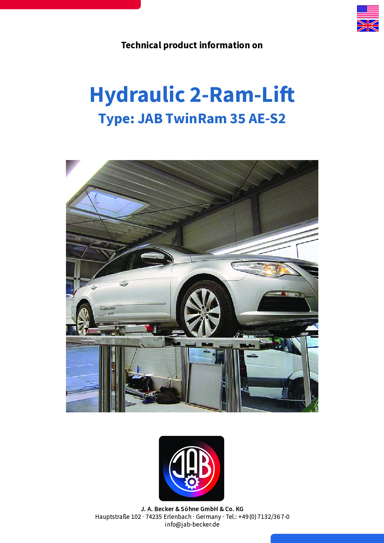 Ein weißes Auto, das auf einem hydraulischen 2-Ram-Lift in einer Werkstatt angehoben wird, mit dem Logo von J.A. Becker & Söhne GmbH & Co. KG unten.