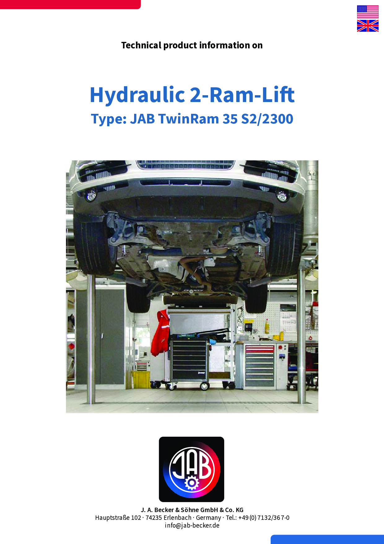 Ein Auto, das von einem Hydraulik 2-Ram-Lift in einer Werkstatt angehoben wird