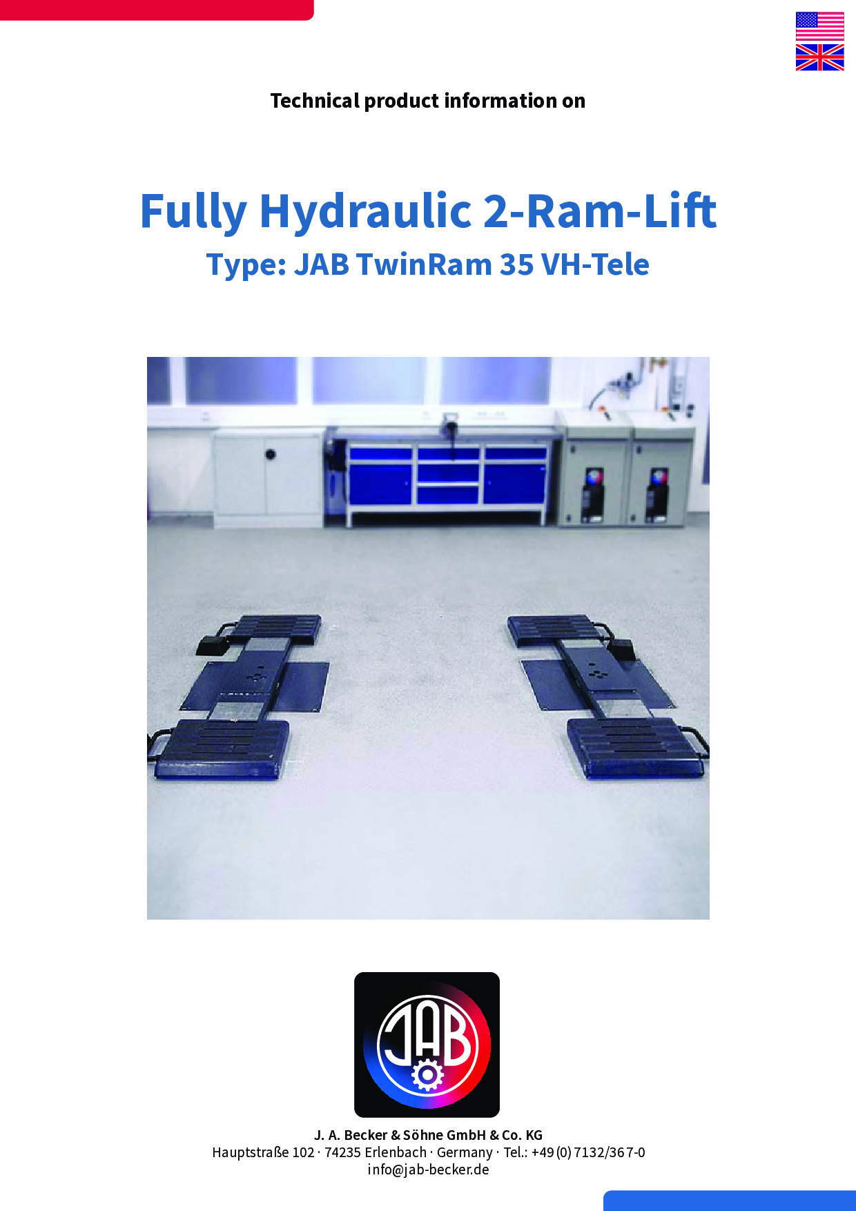Erste Seite des PDFs mit dem Titel 'Technical product information on Fully Hydraulic 2-Ram-Lift Type: JAB TwinRam 35 VH-Tele' und einem Bild von zwei hydraulischen Hebeplattformen in einer Werkstattumgebung.