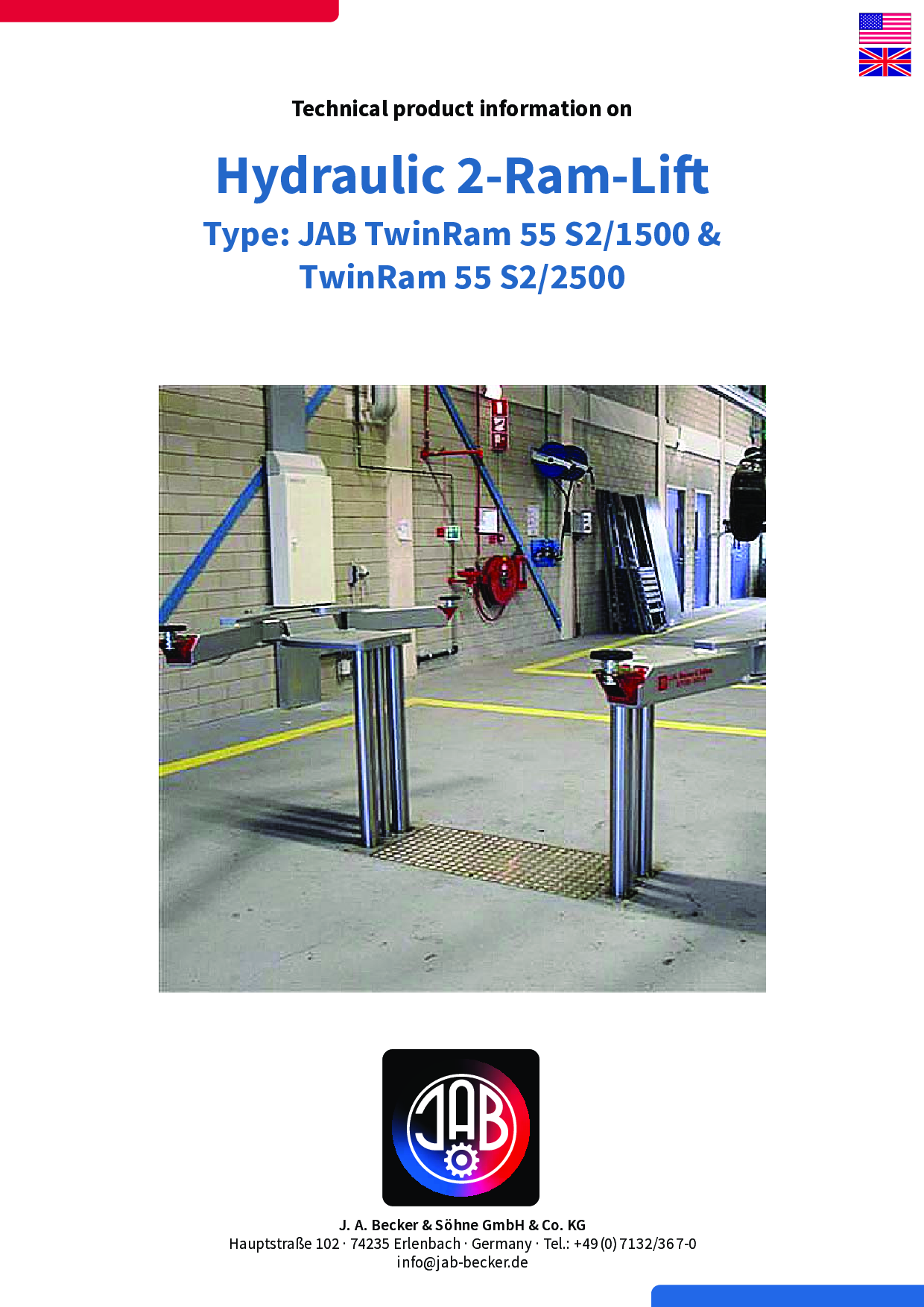 Technische Produktinformation auf Hydraulik-2-Ram-Lift mit einem Bild eines Lifts in einer Werkstattumgebung