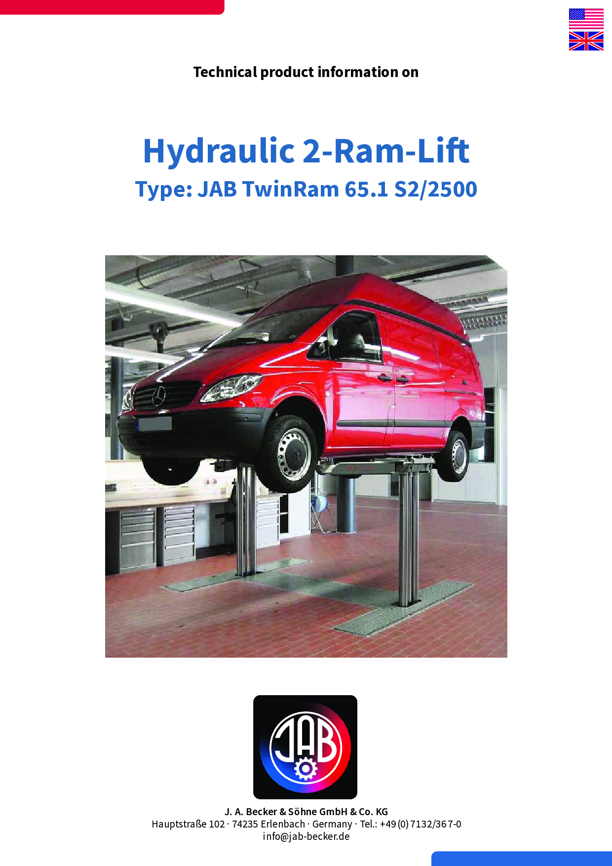 Ein rotes Fahrzeug, das von einem hydraulischen 2-Ram-Hubtisch angehoben wird, mit technischen Details und Spezifikationen.