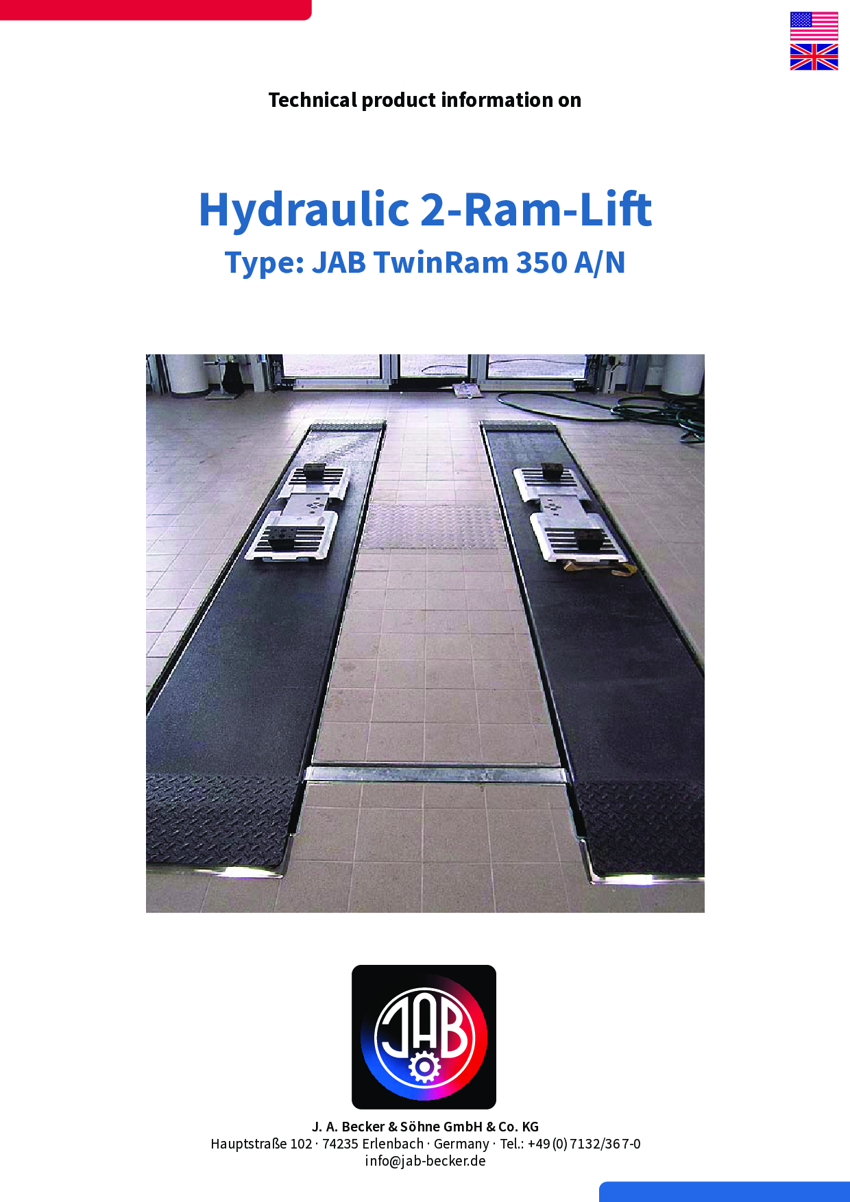 Technische Produktinformationen zum Hydraulic 2-Ram-Lift, Typ JAB TwinRam 350 A/N, mit Abbildung des Hebesystems und Firmenlogo.