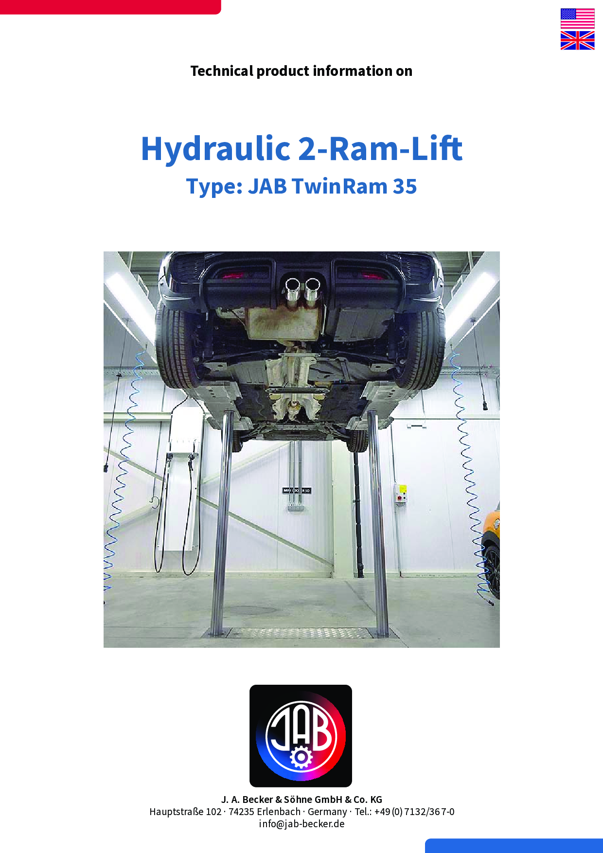 Ein hydraulischer 2-Ram-Lift, der ein Fahrzeug in einer Werkstatt anhebt.