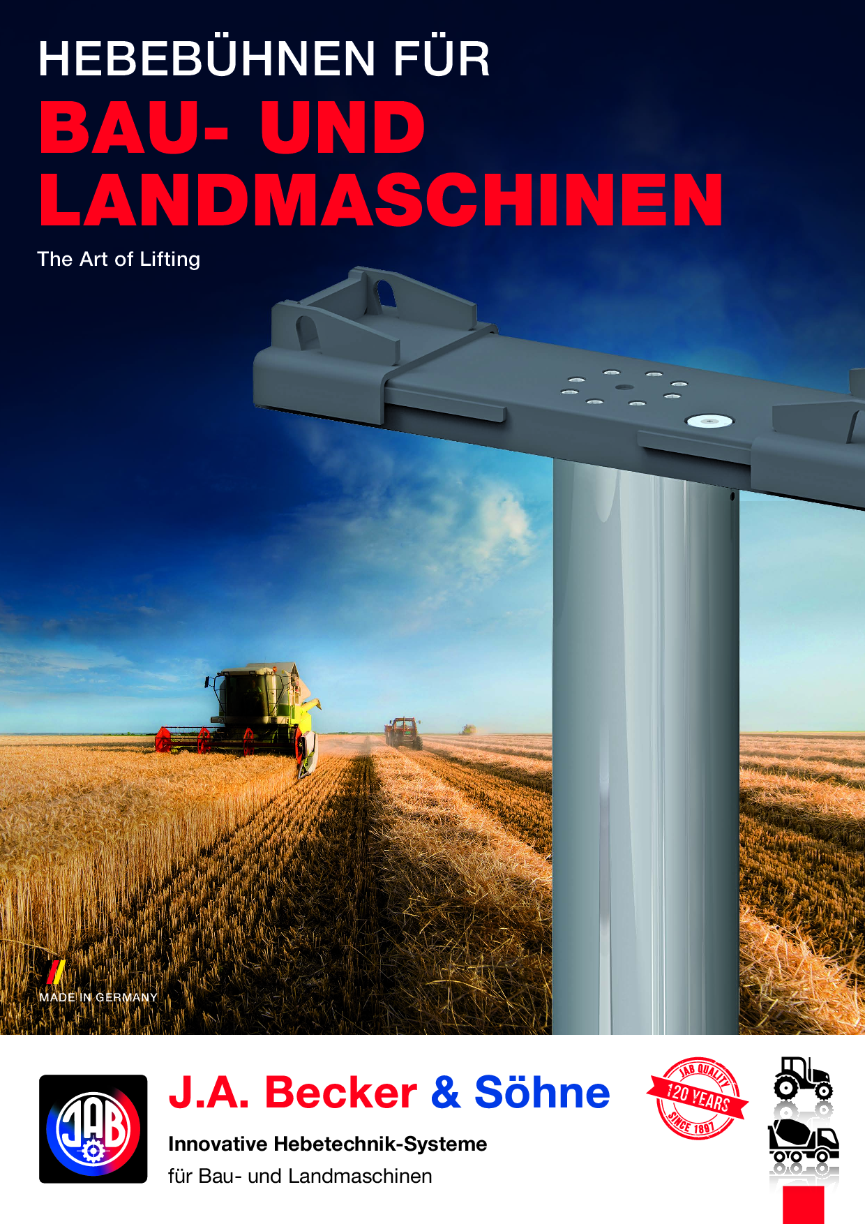 Die erste Seite des PDFs zeigt eine Hebebühne im Einsatz auf einem Feld mit landwirtschaftlichen Maschinen im Hintergrund.