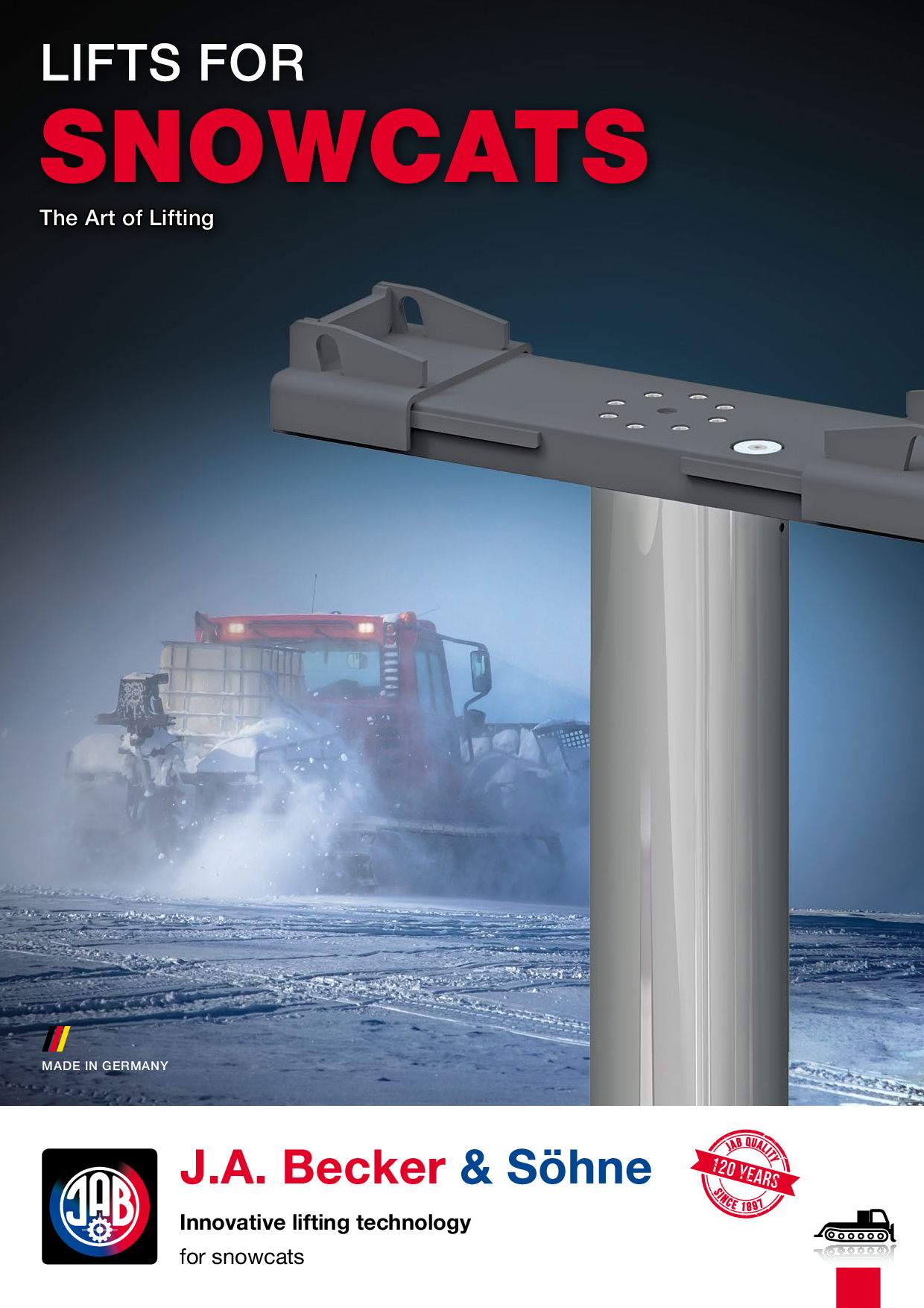 Ein Snowcat in einer schneebedeckten Landschaft mit einem hydraulischen Hebesystem von J.A. Becker & Söhne.