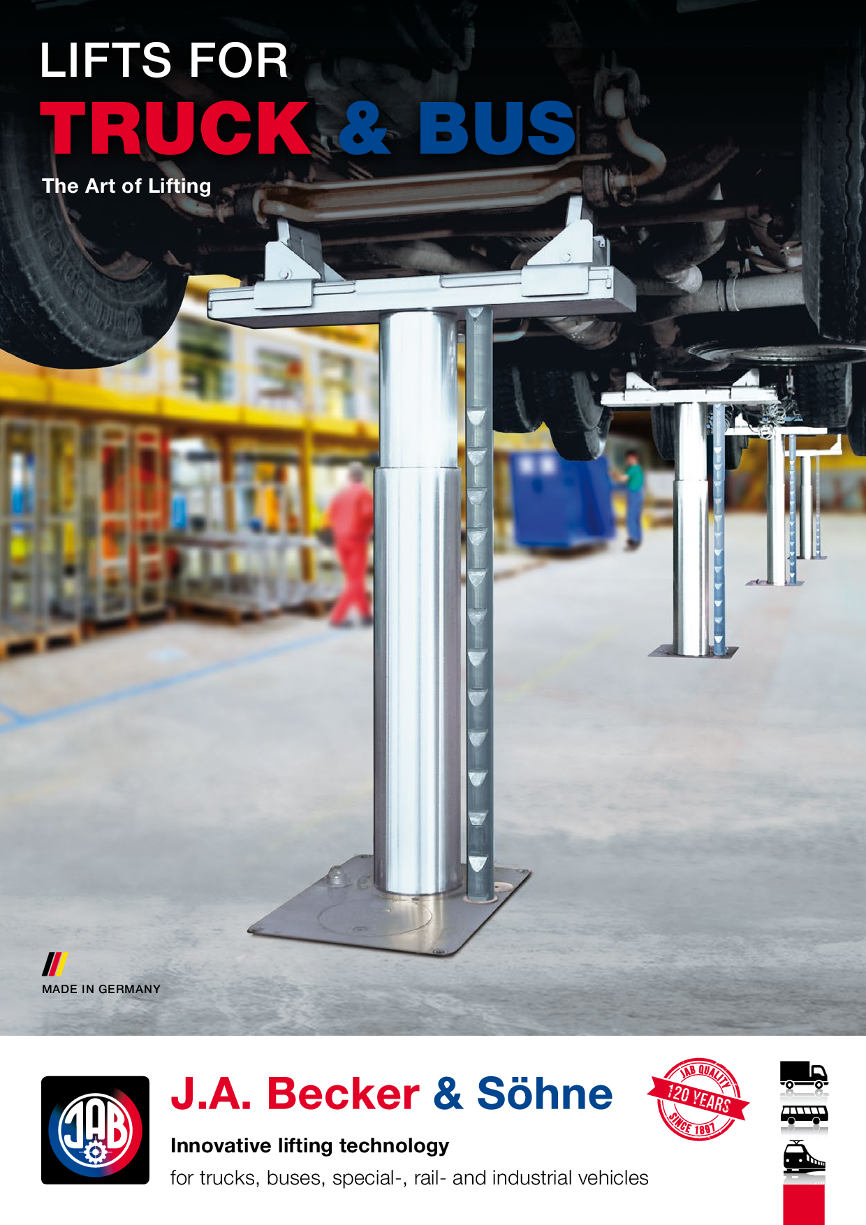 Ein LKW wird mit einem hydraulischen Liftsystem von J.A. Becker & Söhne angehoben.