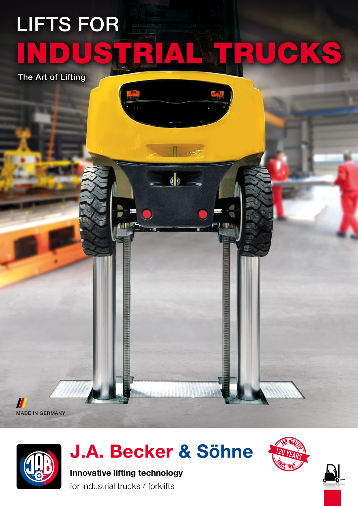 Ein gelber Industrie-Stapler, der auf einem Hebebühnen-System von J.A. Becker & Söhne in einer Werkstatt angehoben wird.