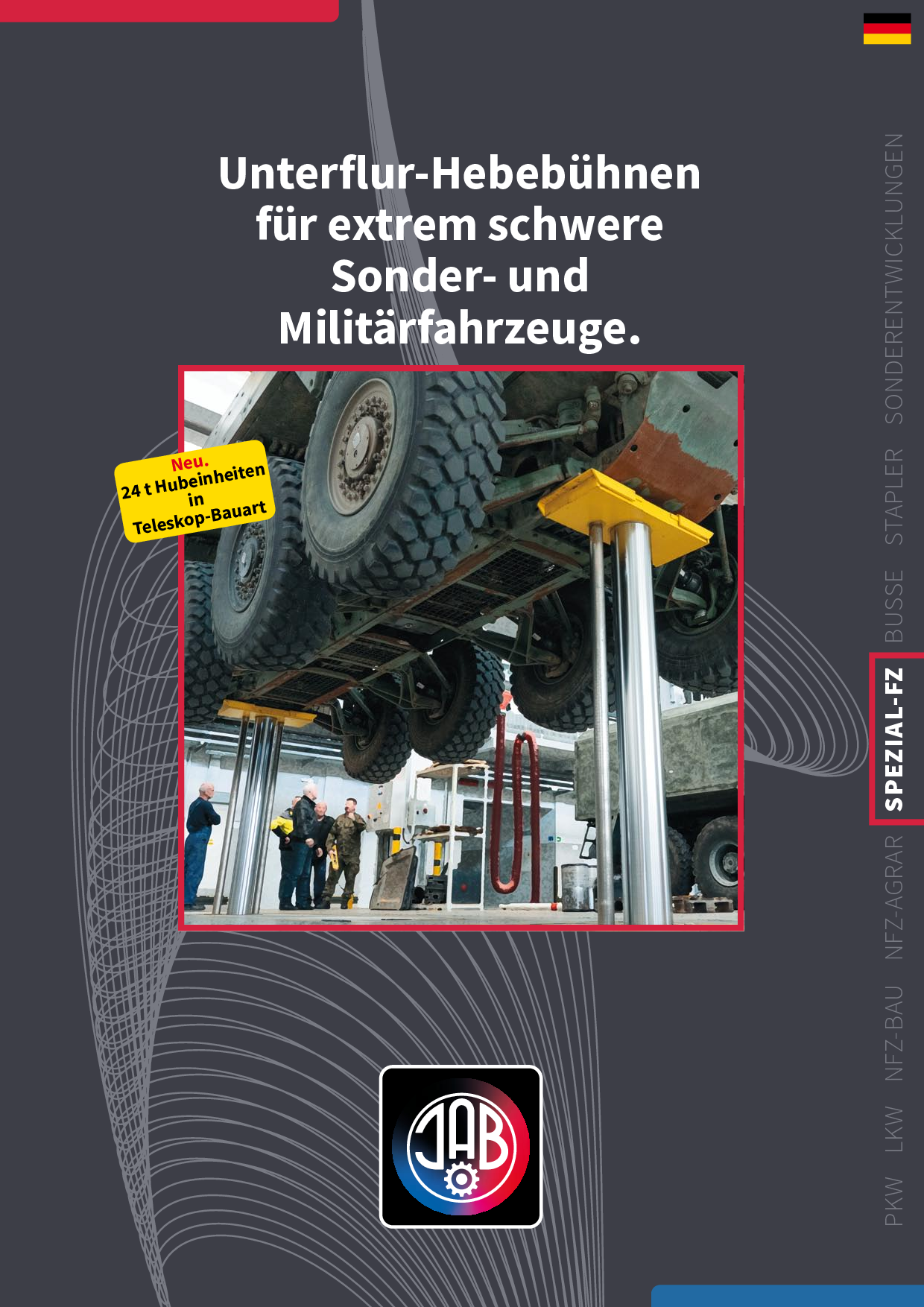Ein Militärfahrzeug wird mit einer Unterflur-Hebebühne angehoben, während Techniker darunter arbeiten.