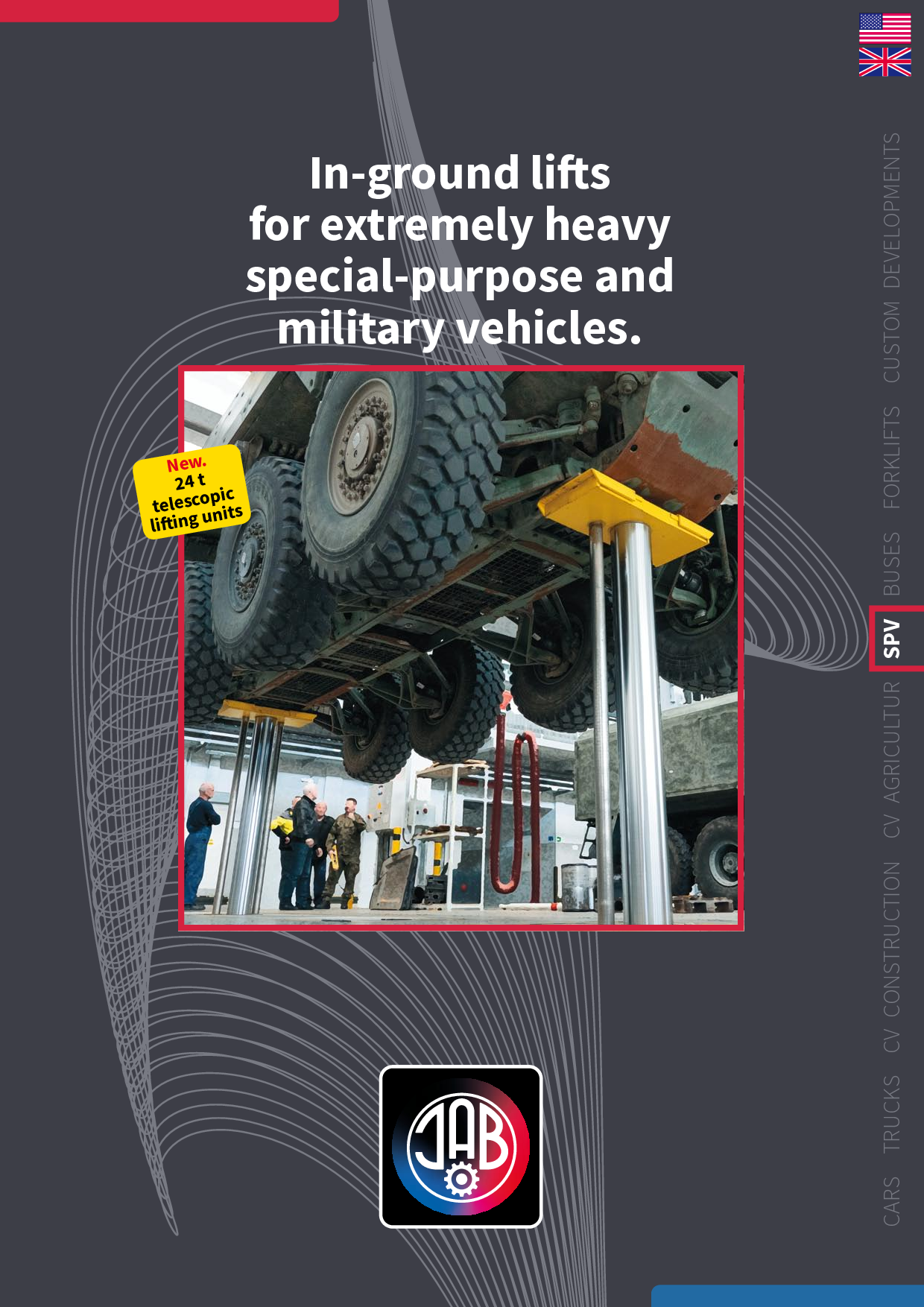 A military vehicle being lifted by a JAB in-ground lift with technicians working underneath