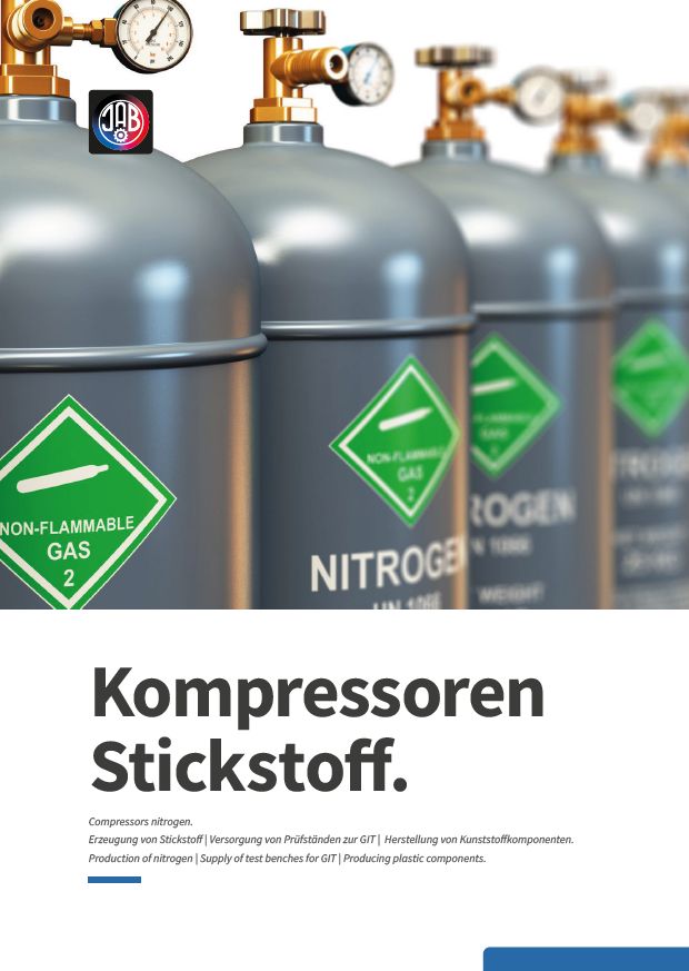 Eine Übersicht der Stickstoffkompressoren von J.A. Becker & Söhne, einschließlich eines Flugzeugs, einer Werkzeugmaschine und eines Autos, mit einem Fokus auf einen blauen und weißen Kompressor.