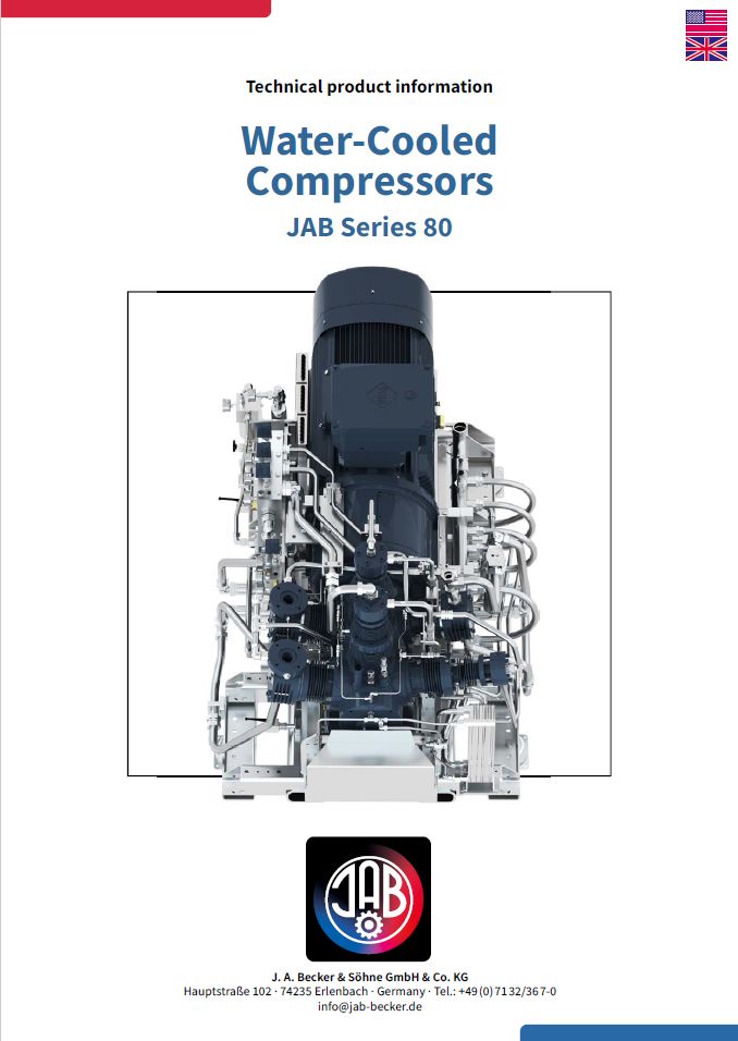 Bild eines wassergekühlten Kompressors mit technischen Details und einer Maschine in Betrieb