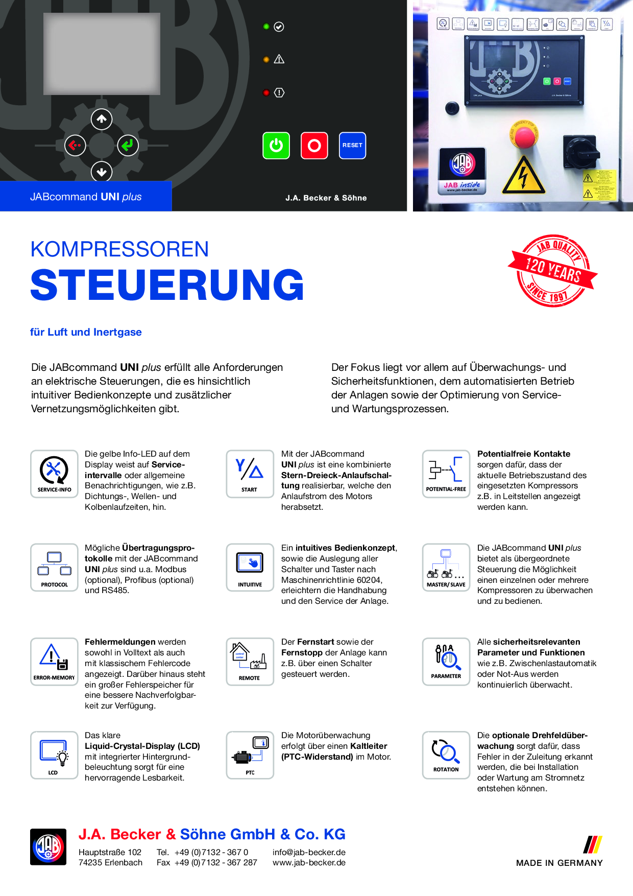 Vorschaubild der ersten Seite des PDFs, das die JABcommand UNI plus Steuerung und deren Funktionen zeigt.