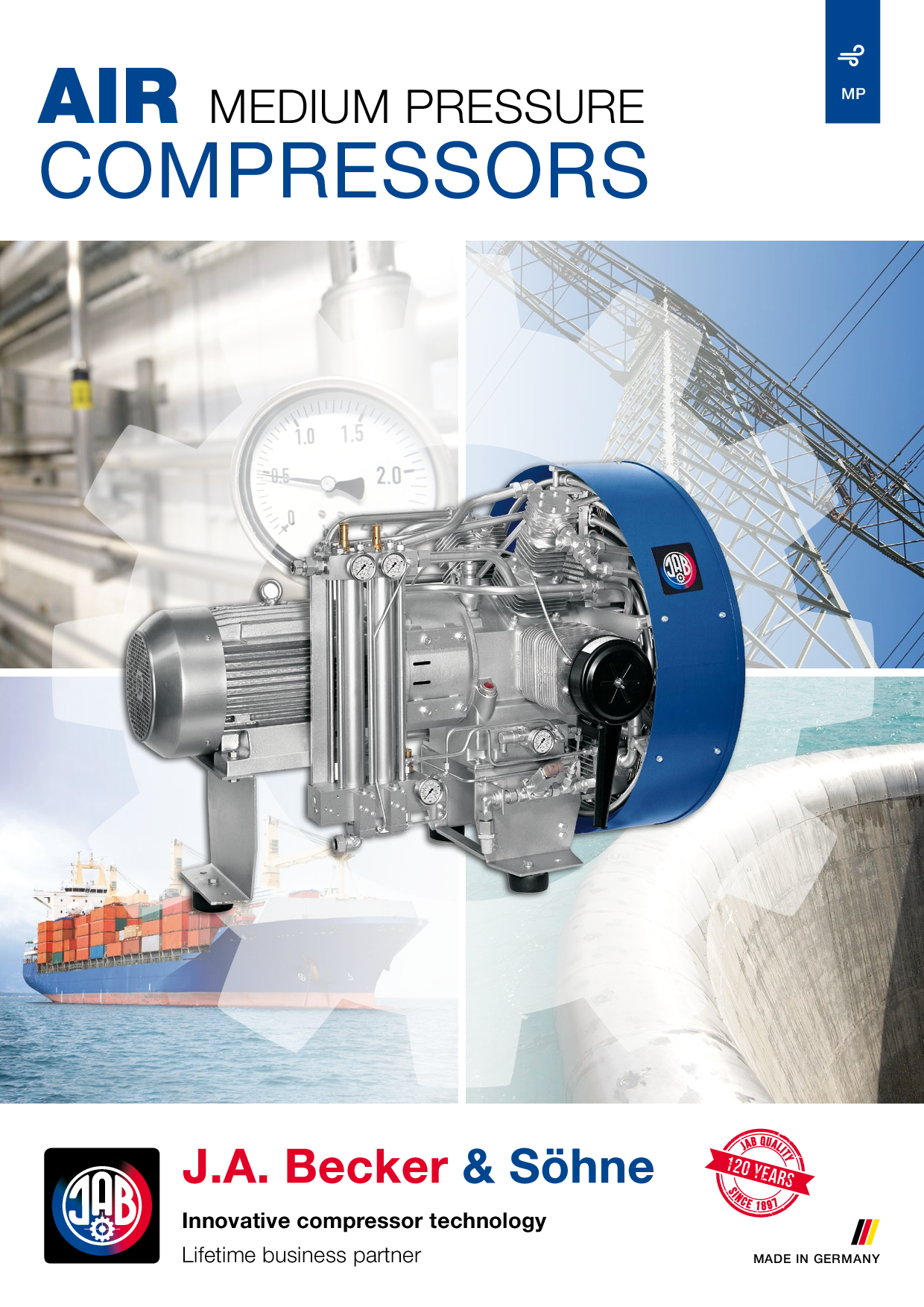 Cover page of a PDF guide on air medium pressure compressors by J.A. Becker & Söhne, featuring a compressor image, a ship, and industrial infrastructure.