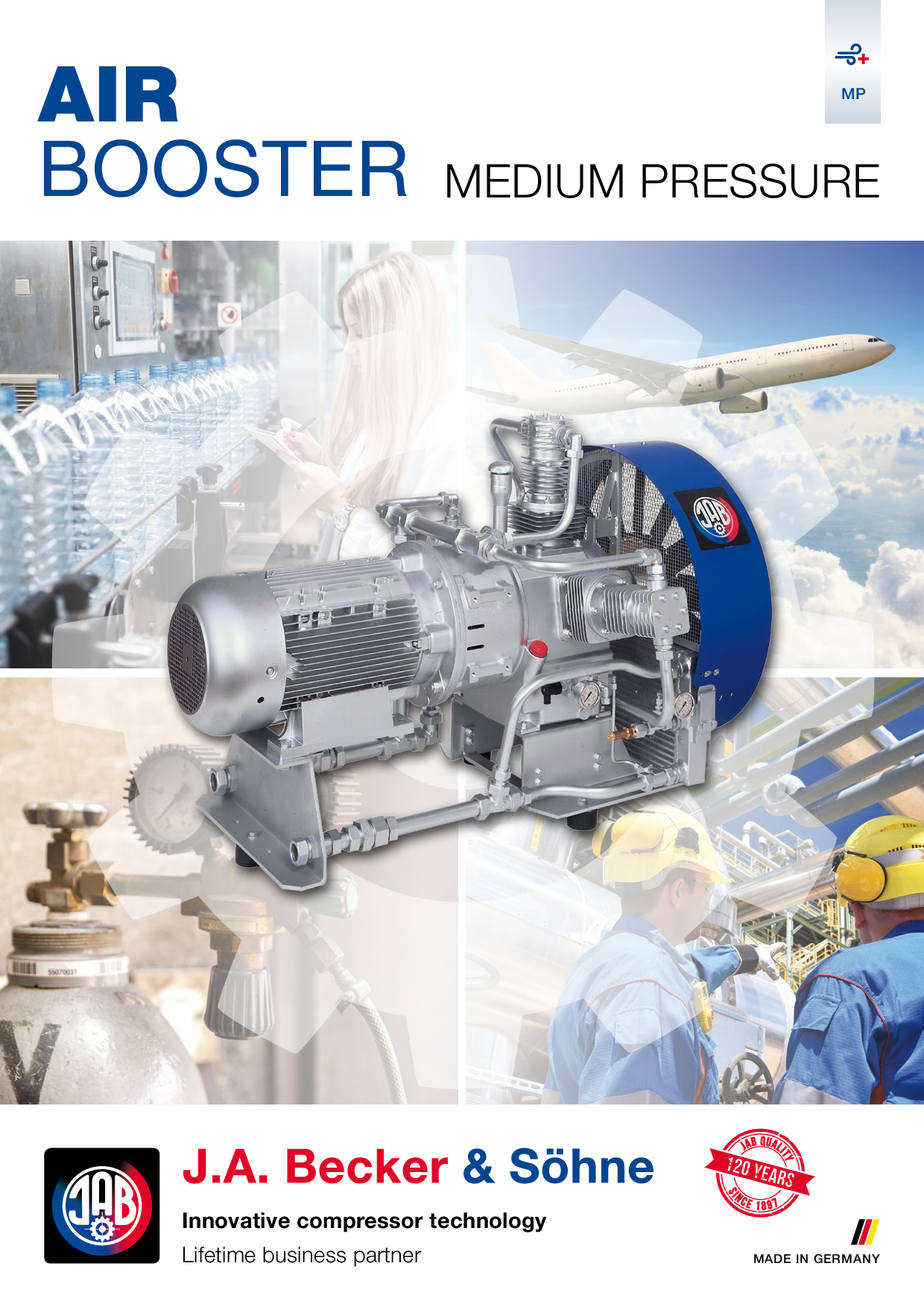 Die erste Seite des PDFs zeigt einen Air Booster mit der Aufschrift 'AIR BOOSTER MEDIUM PRESSURE' und verschiedene Anwendungsbilder im Hintergrund.