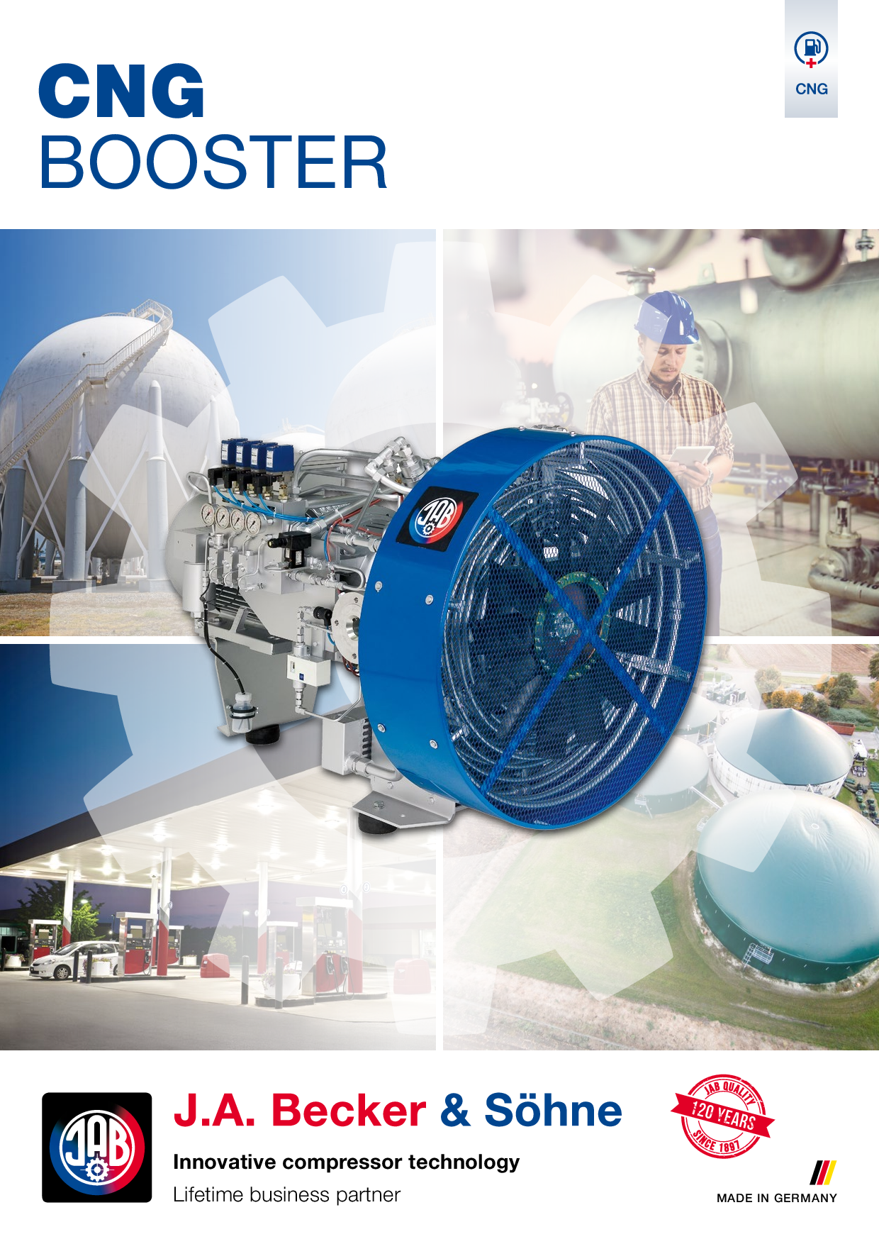 Illustration eines CNG Boosters mit technischen Details und Anwendungsbeispielen.