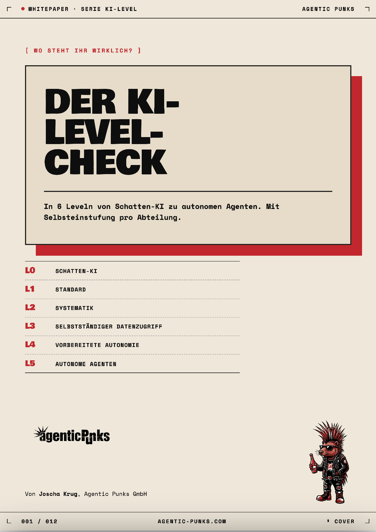 Cover des PDFs 'Der KI-Level-Check' mit dem Titel und einer Beschreibung der 6 Level von Schatten-KI zu autonomen Agenten.