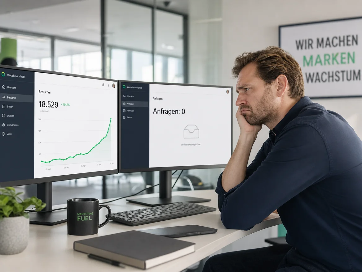 Frustrierter Marketing-Manager vor Analytics-Dashboard: steigender Traffic, aber keine Anfragen