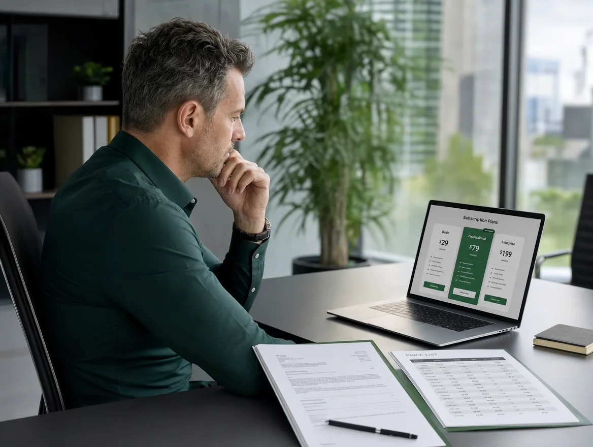 Unternehmer vergleicht Software-Angebote vor einer Abo-Entscheidung