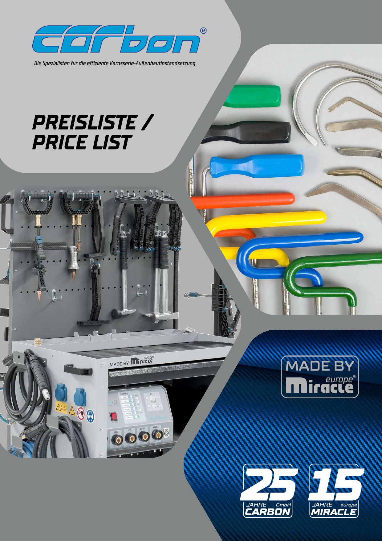 Vorschaubild der ersten Seite des PDFs, das Werkzeuge und eine Steuerkonsole für Karosserie-Reparatur zeigt, mit dem Carbon GmbH-Logo und der Bezeichnung 'Preisliste / Price List'.