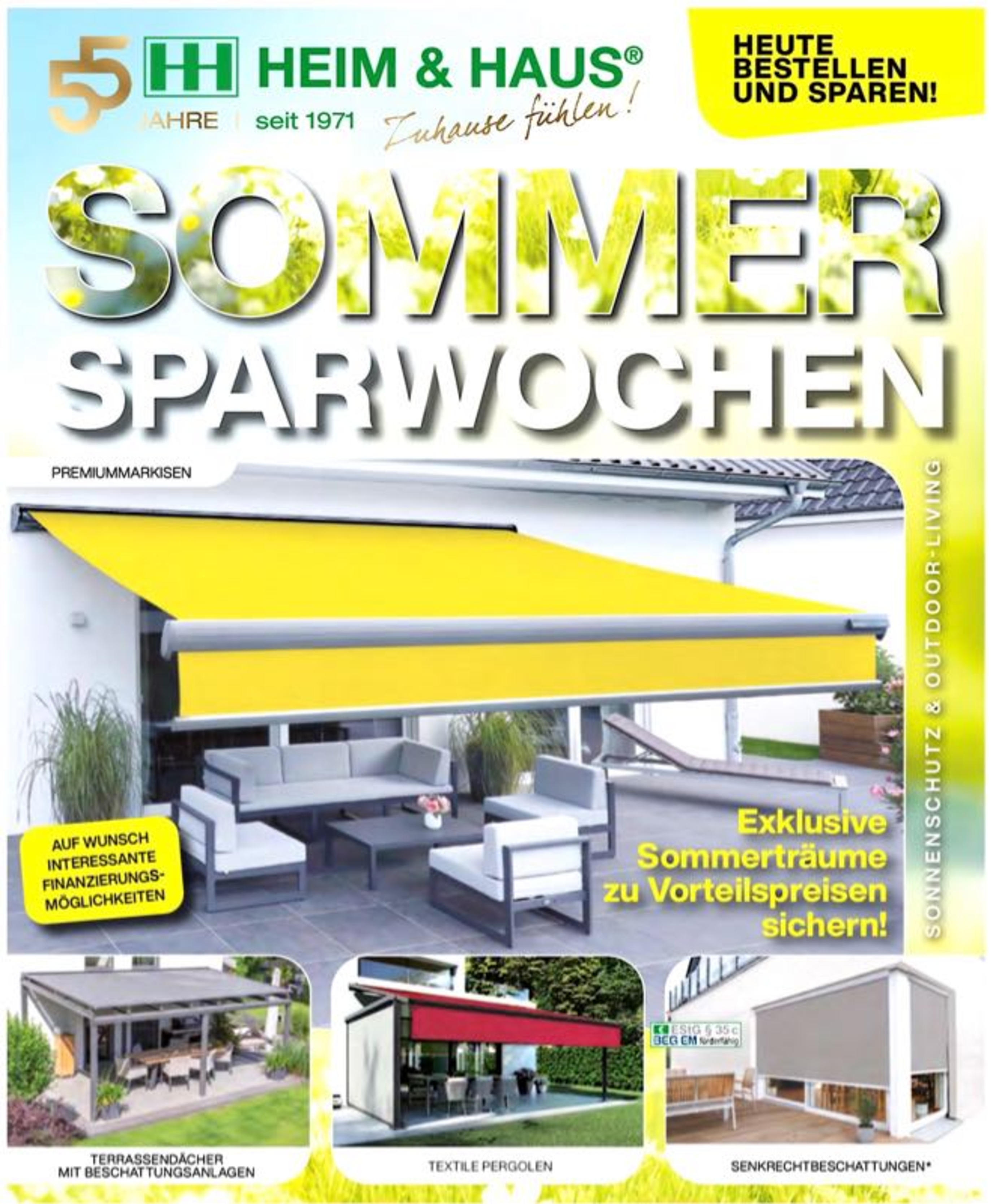 Eine Terrasse mit Markise, Möbeln und verschiedenen Garten- und Hausprodukten, darunter Terrassendächer, textile Pergolen und Senkrechtbeschattungen.